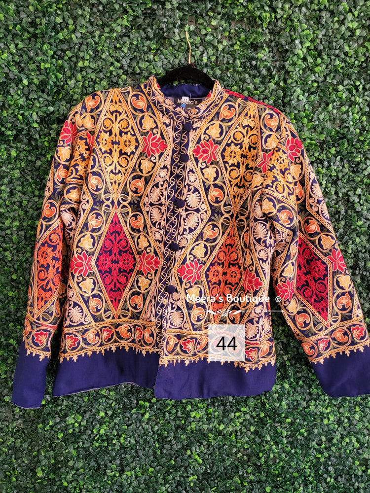 Blue Short Jacket Kashmiri Boteh Embroidery | Angad Creations